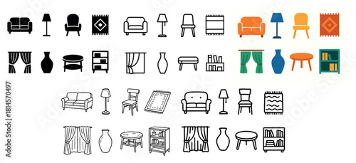 Home interior icons set: furniture and decor elements