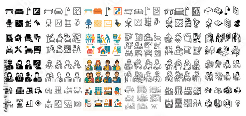 Diverse line art icons of people and furniture