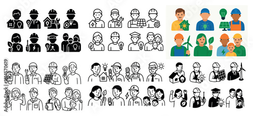 Diverse eco-conscious workers and families icons