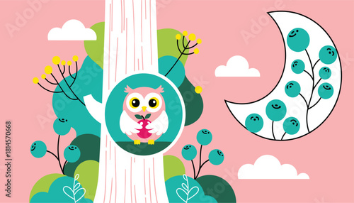 Cartoon owl vector illustration perched in a white tree trunk surrounded by berries and abstract foliage