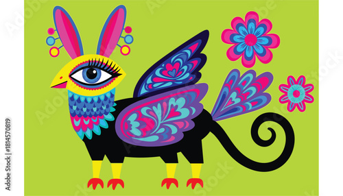 Fantastical creature vector illustration with bird beak rabbit ears and vibrant patterned wings