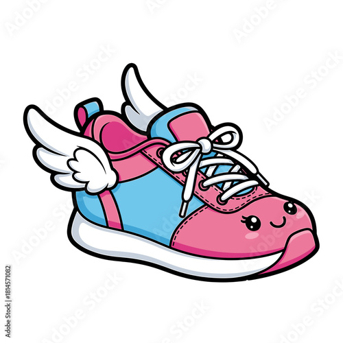 Cute Vector Winged Sneaker, Pink and Blue Cartoon Running Shoe with Smiling Face on transparent background