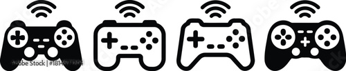 Four Game Controller Icons Wireless Gaming, Black and White Illustration on Isolated Background