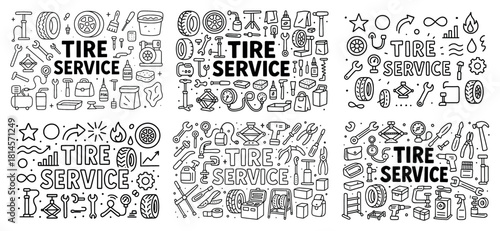 Tire service icons and tools set collection