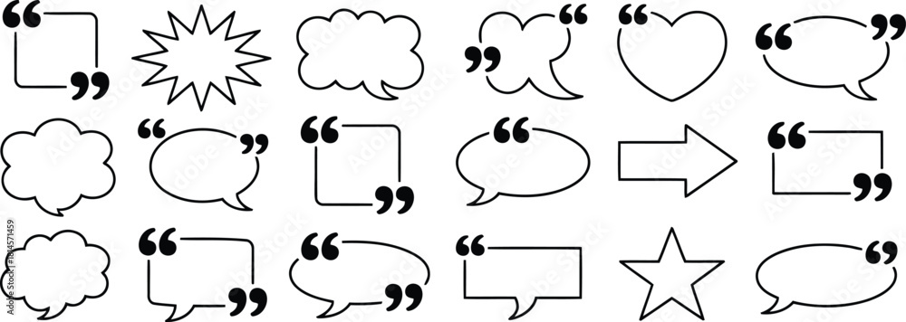 Fototapeta premium Illustration Various Black and White Quote Bubbles, Speech Balloons, Arrow, Heart, and Star Shapes