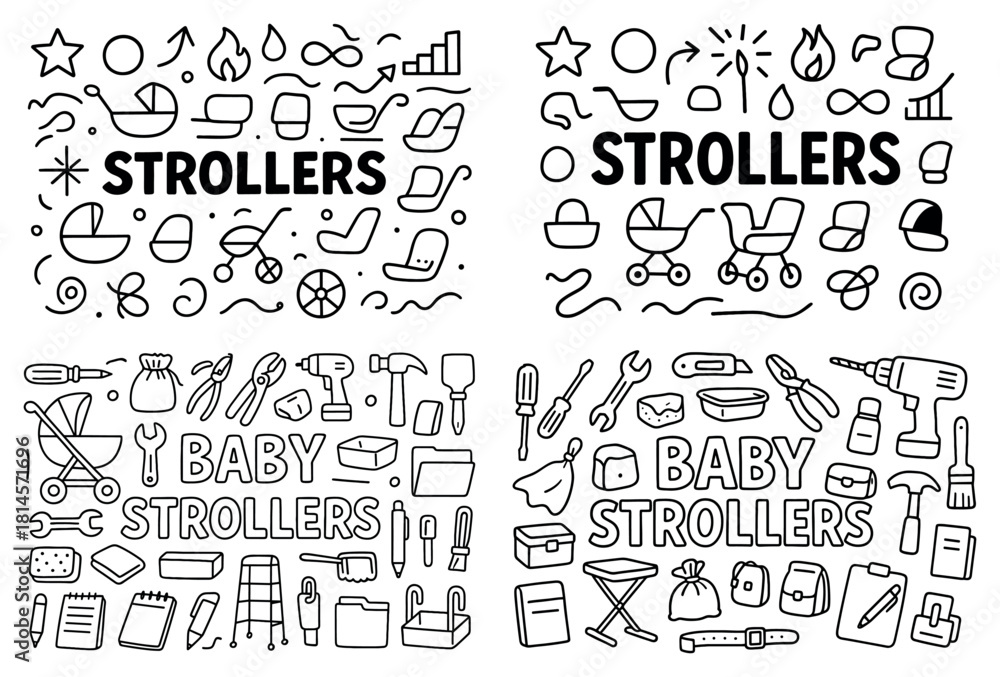 Fototapeta premium Baby strollers and tools line art collection