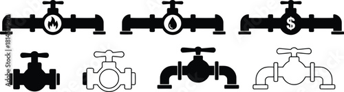 Set of Black and White Icons of Pipe Fittings with Dollar, Oil and Fire Symbols