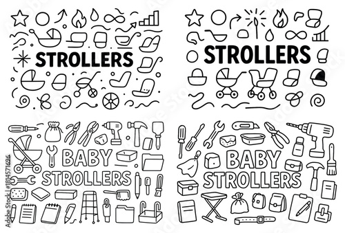 Baby strollers and tools line art collection