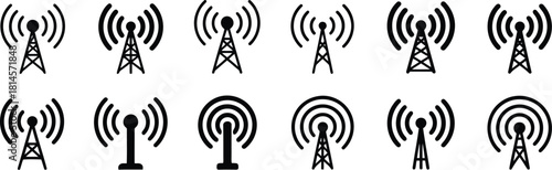 Set of Ten Unique Black Antenna Tower Icons with Broadcasting Signal Vectors