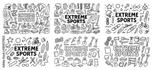 Extreme sports doodle collection with various gear