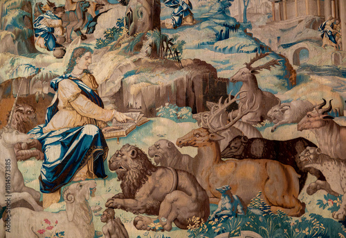 Medieval tapestry of Saint Mammes speaking to animals.