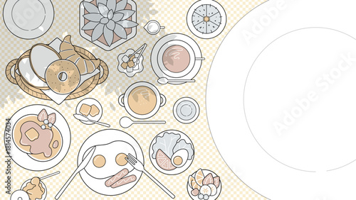 大人ミニマルの朝食カフェ俯瞰レイアウト｜木漏れ日＆チェック柄背景付きバナー素材