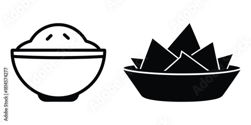 Delicious rice bowl and tortilla chips vector design icon set