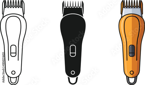 Electric hair clippers grooming tool for cutting and trimming hair vector illustration icons, silhouette 