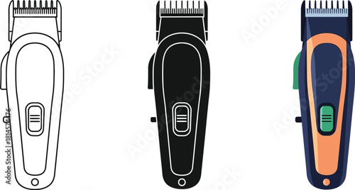 Electric hair clippers grooming tool for cutting and trimming hair vector illustration icons, silhouette 