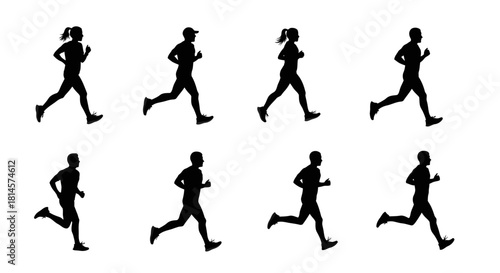 A set of eight simple black silhouette icons depicting various male and female runners in different stages of the running stride for fitness graphic design