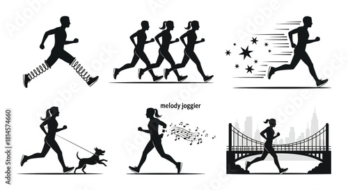 Set of six varied runner icons depicting spring legs running fast dog walking happy jogger urban landscape and star burst speed effect isolated vectors