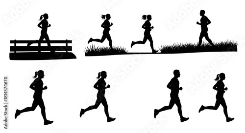 Eight isolated runner silhouettes featuring woman jumping hurdle jogging on grass trail running over bridge and simple profile views for sport graphic design