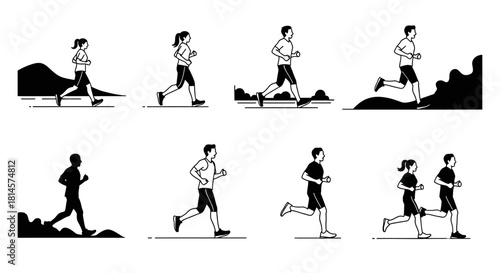 Collection of stylized black and white running human figures in various dynamic poses suggesting fitness and active lifestyle pursuits