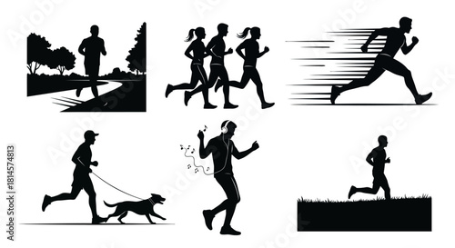 Set of detailed black silhouette illustrations showcasing different running scenarios like park jogging speed burst and dog walking