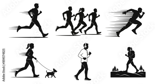 Set of dynamic running and jogging silhouettes showing speed motion group activity dog walking and single runner graphics with speed lines