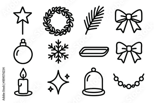 Festive Icons Collection. Festive Ambience linear icon set: star holder, wreath base, pine branch, ribbon, ornament, snowflake, gold tray, bow, candle flame, sparkle, glass dome