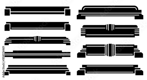 Set of horizontal black silhouettes featuring art deco lines and locomotive style bumpers for retro industrial banners and divider designs.