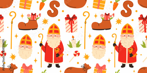 Seamless pattern for Sinterklaas. Saint Nicholas, gifts, a shoe filled with sweets, and a golden staff.