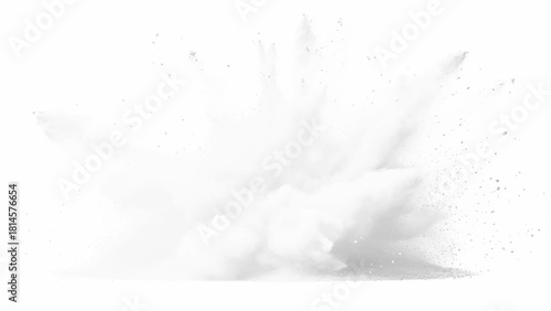 White paint color powder explosion. White powder explosion creating a dynamic cloud effect on a white background for creative projects.