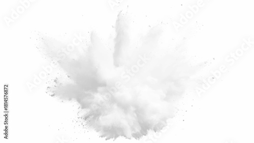 White paint color powder explosion. White powder explosion creating a dynamic cloud effect on a white background for creative projects.