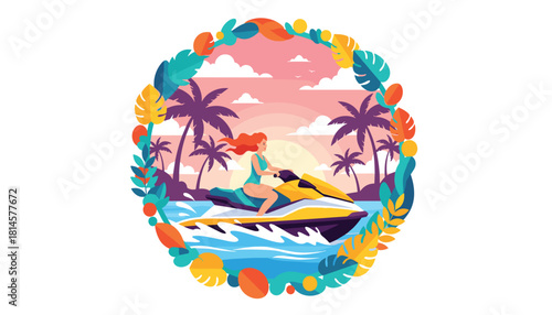 Tropical Jet Ski Adventure Vector Illustration with Sunset, Palm Trees, and Ocean Waves