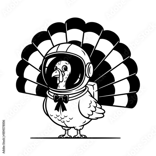 A whimsical illustration of a courageous turkey astronaut, prepared for an epic cosmic journey