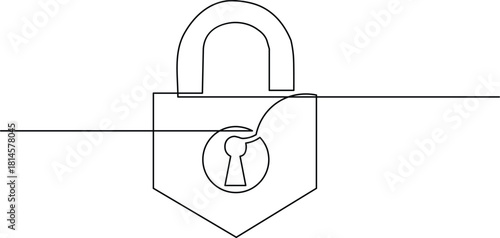 Continuous one-line art drawing of a closed, shield-shaped padlock symbol. Minimalist black vector graphic element for data protection isolated on white.