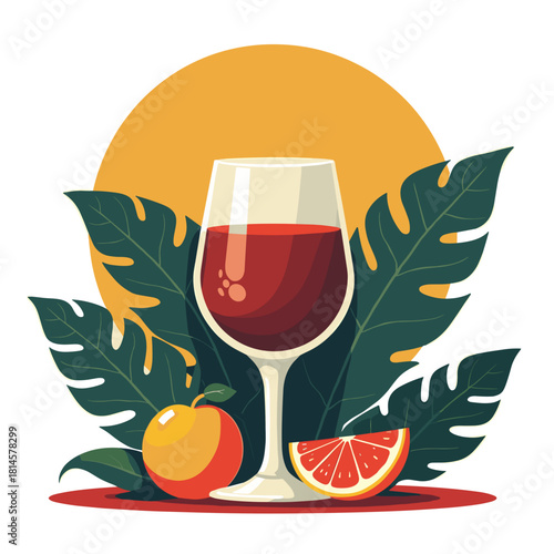 Colorful cocktail glass with orange and grapefruit on tropical leaves  