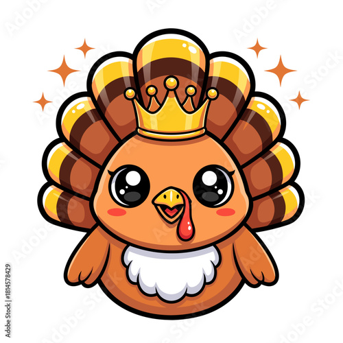 Delightful cartoon turkey with a golden crown and sparkling aura, ideal for holiday graphics, children's books, and festive decor