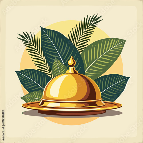Golden serving dish with lid surrounded by green palm leaves  