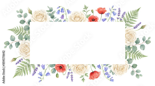 Floral Frame: A delicate floral arrangement, a rectangle picture frame encircled by an array of blossoms and foliage, invites personalization, perfect for artistic expression.