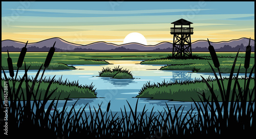 Scenic marsh landscape with a watchtower at sunset 