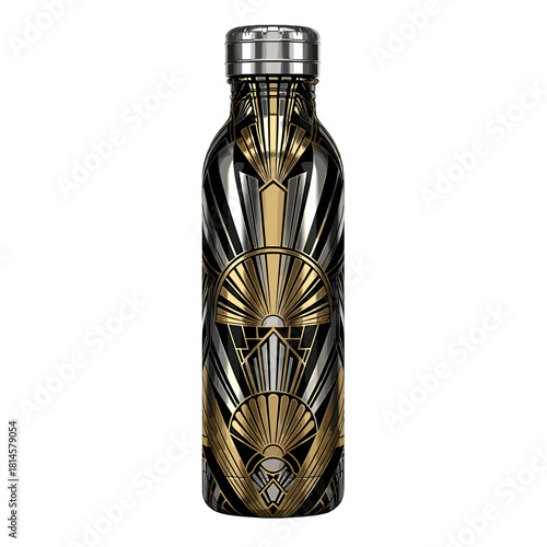 Elegant Art Deco Insulated Water Bottle Vector with Gold Silver Black Design on transparent background