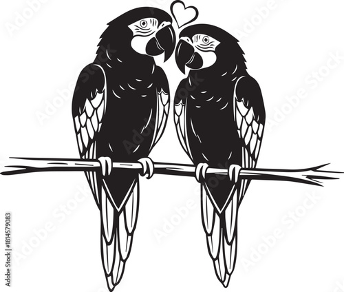 Two loving macaws perched on a branch forming a heart shape with their heads above them