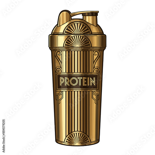 Golden Art Deco Protein Shaker Vector Illustration for Fitness, Gym, Nutrition, elegant design on transparent background