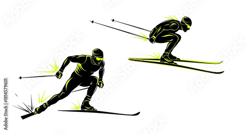 Dynamic skiing silhouettes showcase speed and agility on crisp white backdrop, perfect for sports branding and active lifestyle promotions, clean design