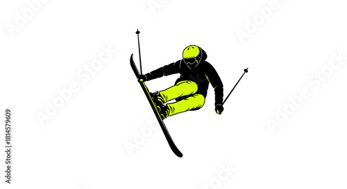 Dynamic skier performing freestyle jump with energy and flair for extreme sports promotions and winter adventure campaigns in the mountains