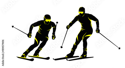 Dynamic skiers carving down the slopes, a striking silhouette for winter sports promotions and adventurous lifestyle campaigns, bold black yellow design