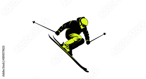 Dynamic skier soaring through the air with vibrant style, perfect for winter sports campaigns and bold adventure themes. Excitement and energy captured!