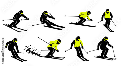 Dynamic skiers carving down mountain slopes, enjoying winter sport and outdoor adventure, great for ski resort ads, sports promotions, or winter travel campaigns