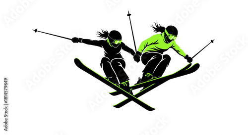 Dynamic skiers soaring down the slopes in tandem style, capturing the thrill and excitement of winter sports, perfect for travel and adventure themes