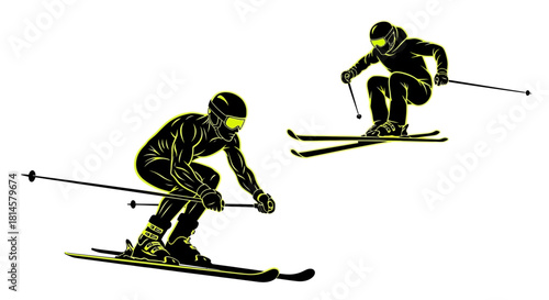 Dynamic skiers executing downhill moves and jumps, rendered with striking black and yellow lines for high-impact sports visuals and winter adventure themes