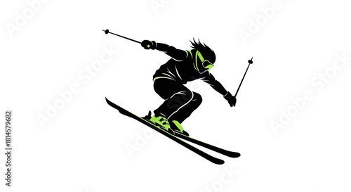 Dynamic downhill skier silhouette in action, a vibrant design element for winter sports promotions and outdoor adventure branding for active lifestyle audiences