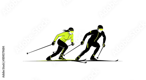 Dynamic cross-country skiing athletes in action illustration for sports marketing, fitness campaigns, and winter events, showing energy and determination
